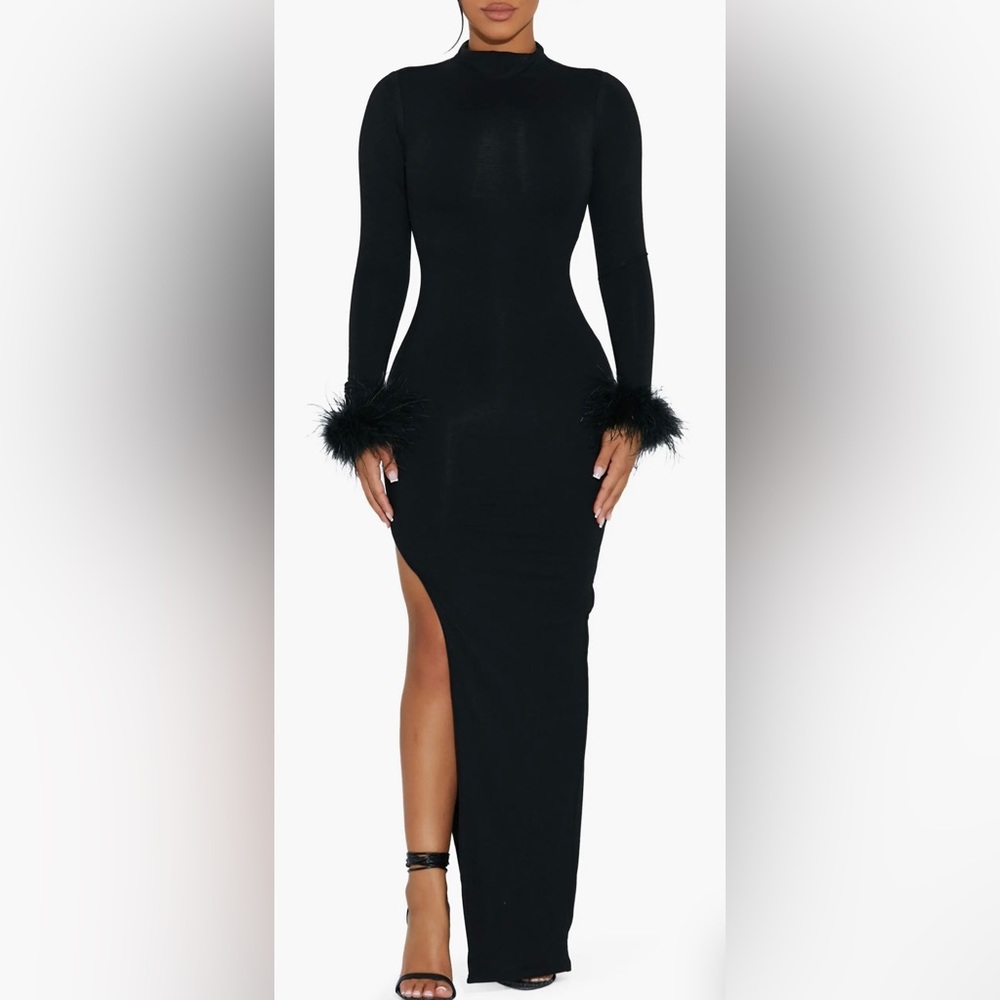 Naked Wardrobe Black Fine Feathers Long Sleeve Body-con Maxi Dress
